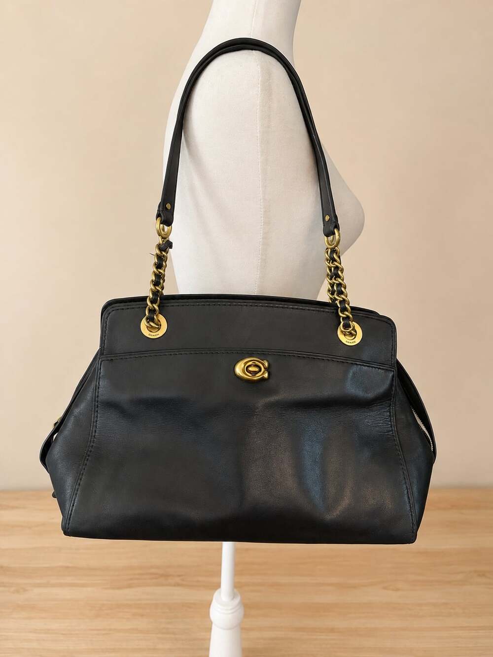Coach Black Leather Turnlock Edie Carryall Shoulder Bag